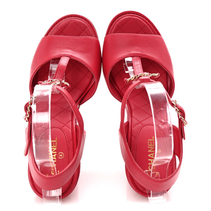 Chanel Lambskin Quilted Chain CC Wedge Sandals 38 Red 2 of 10