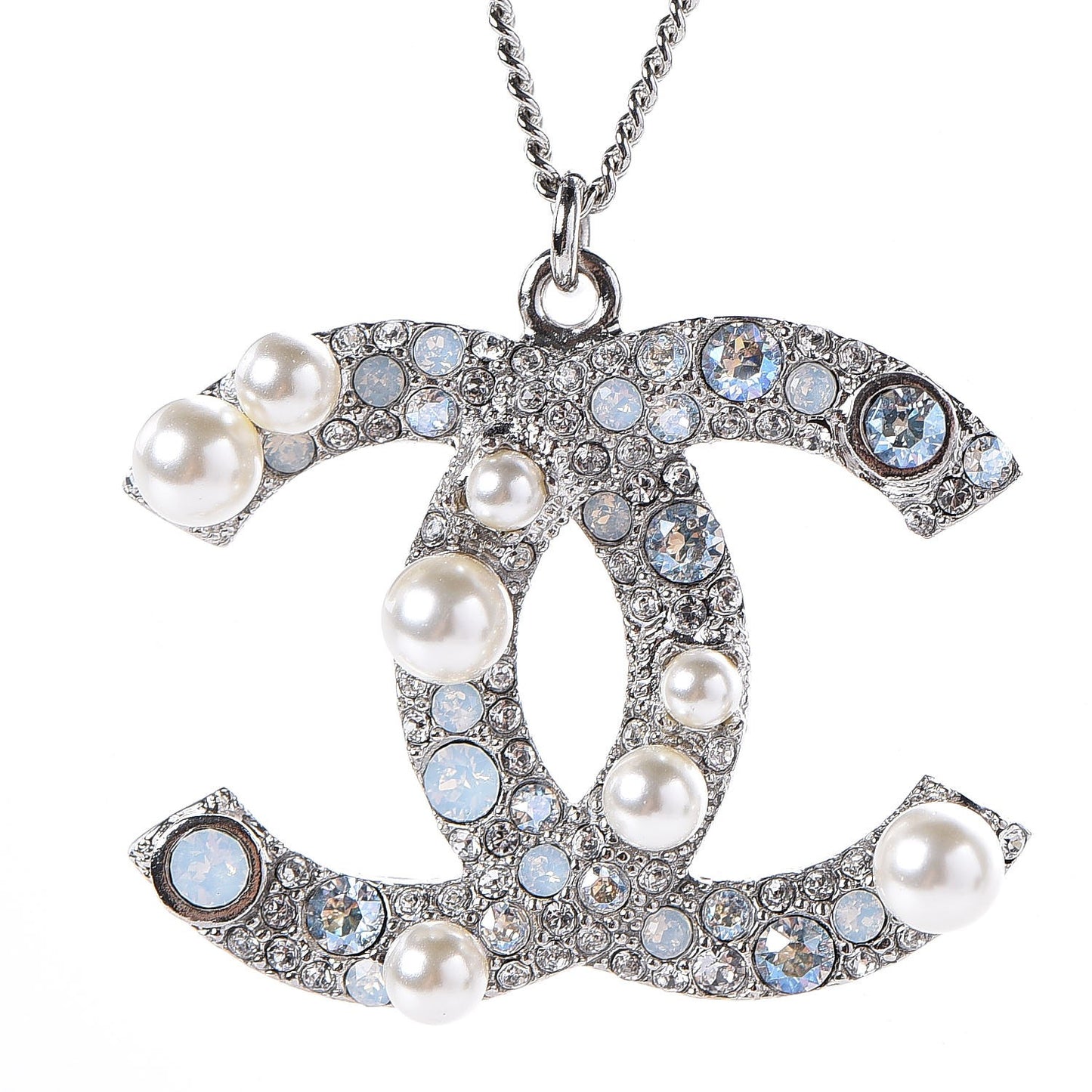 Crystal Pearl CC Pendant Necklace Silver