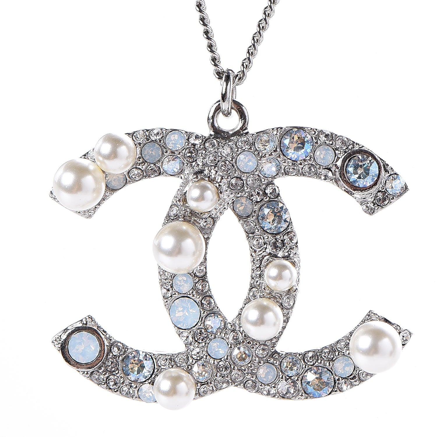 Chanel Crystal Pearl CC Pendant Necklace Silver 3 of 5