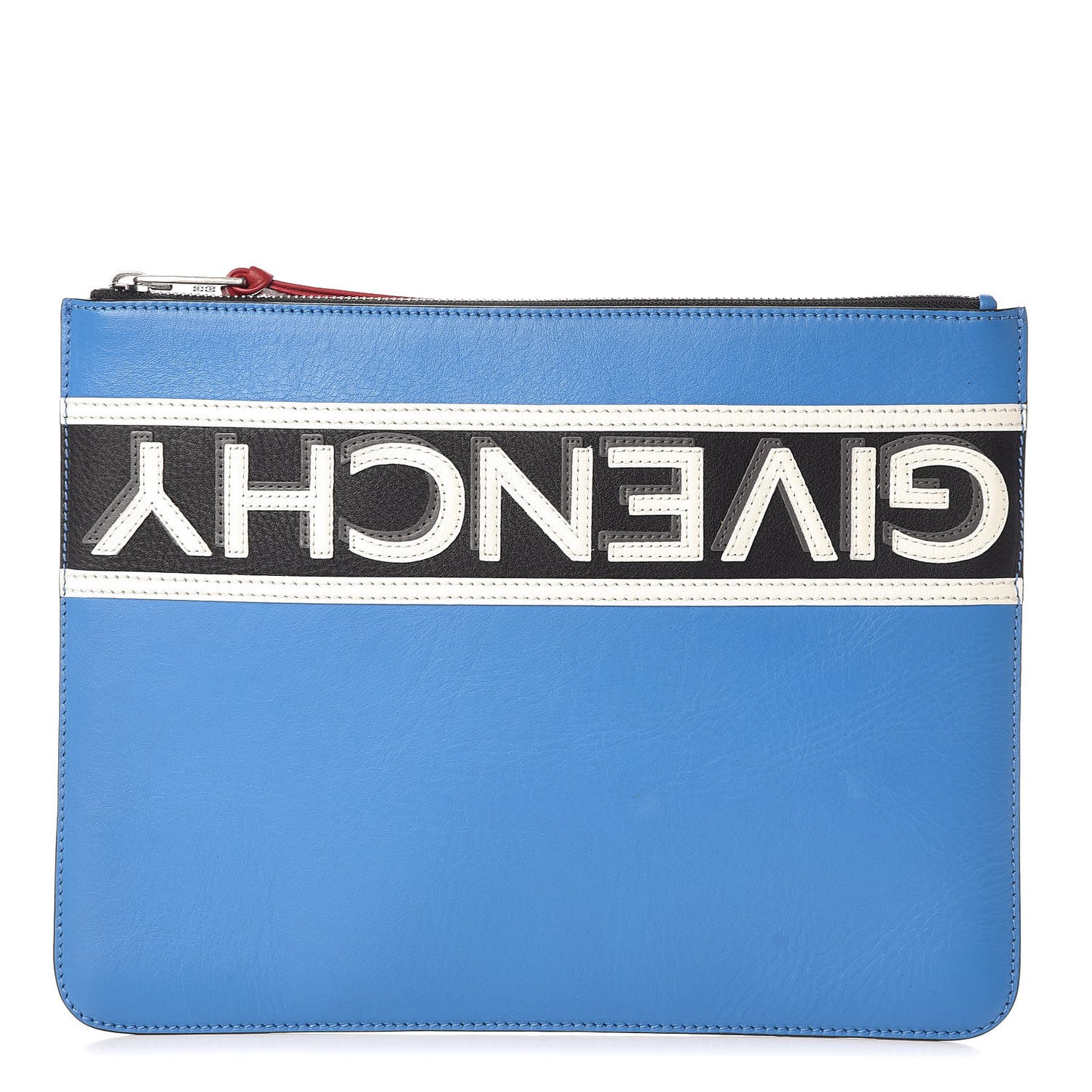 Calfskin Logo Stripe Large Zip Pouch Electric Blue White