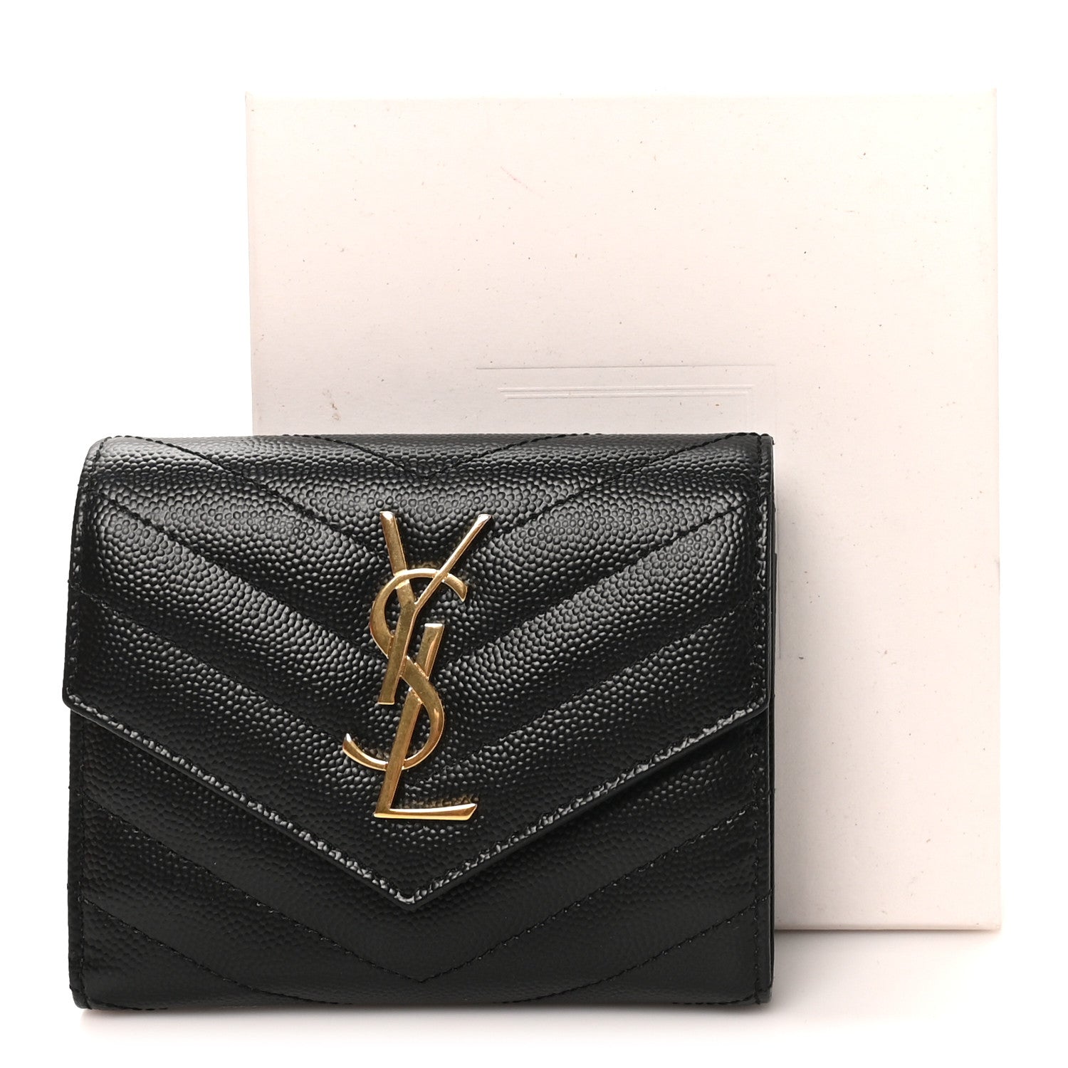 Saint Laurent Grain De Poudre Matelasse Chevron Monogram Compact Tri Fold Wallet Black 8 of 8