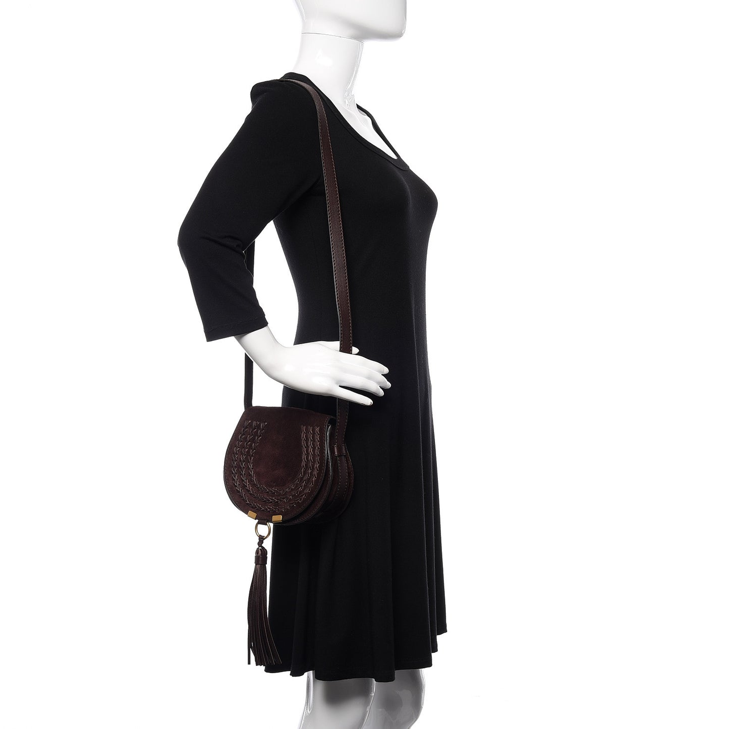 Suede Calfskin Braided Mini Marcie Round Crossbody Bag Carbon Brown