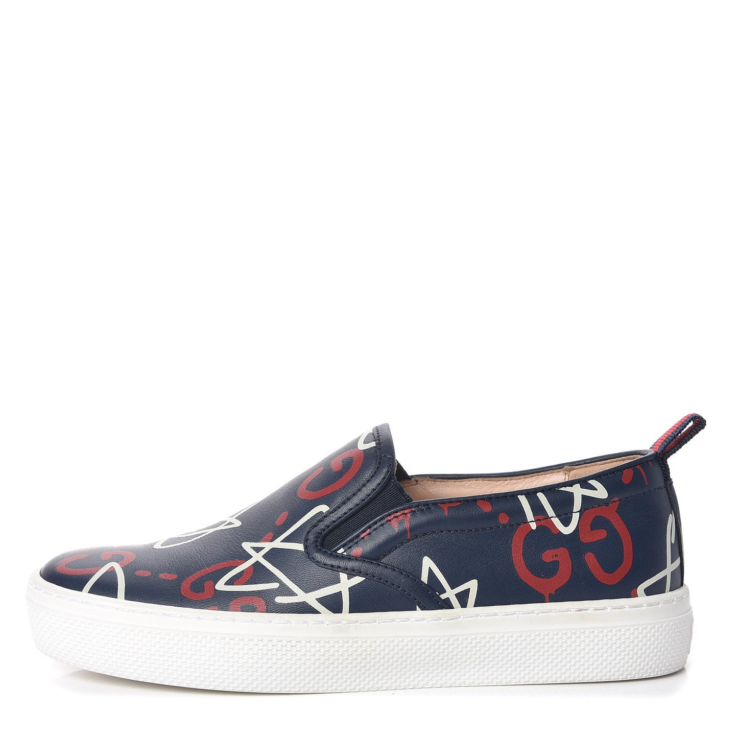 Calfskin GucciGhost Print Womens Slip On Sneakers 34 Blue Agata Hibiscus Red