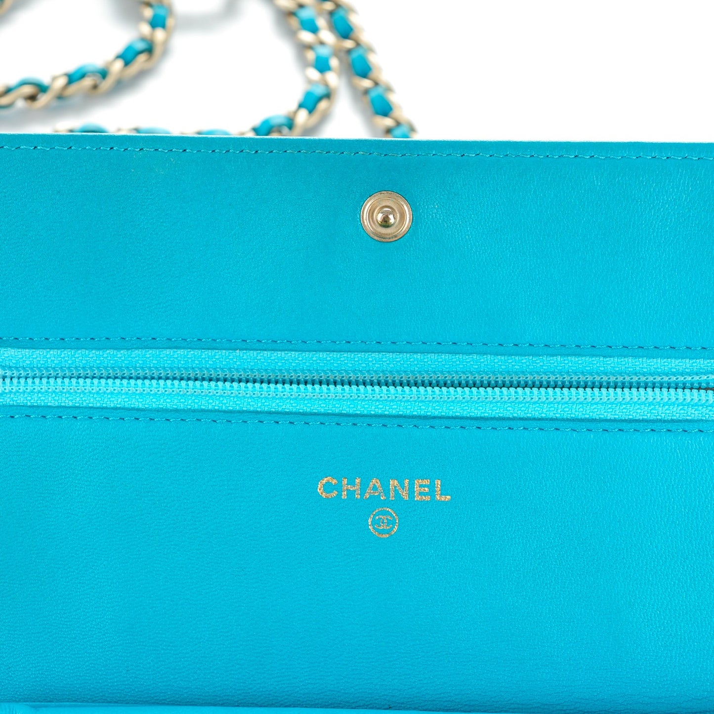 Lambskin Camellia Embossed Wallet On Chain WOC Turquoise