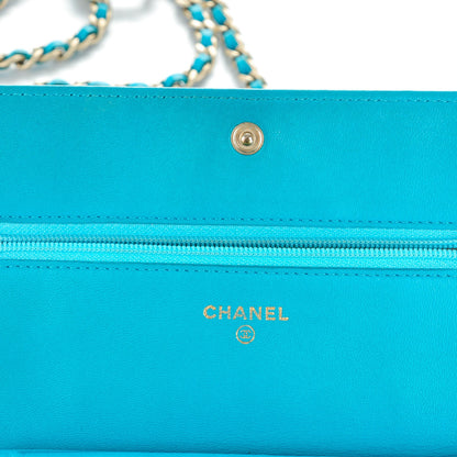 Chanel Lambskin Camellia Embossed Wallet On Chain WOC Turquoise 7 of 9