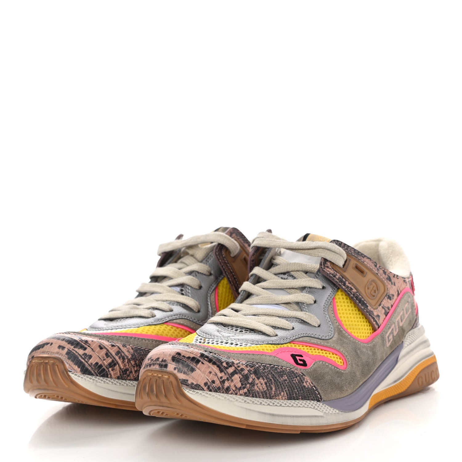 Gucci Suede Calfskin Tejus Printed Womens Ultrapace Sneakers 42 Pink Silver Oatmeal Yolk 3 of 7