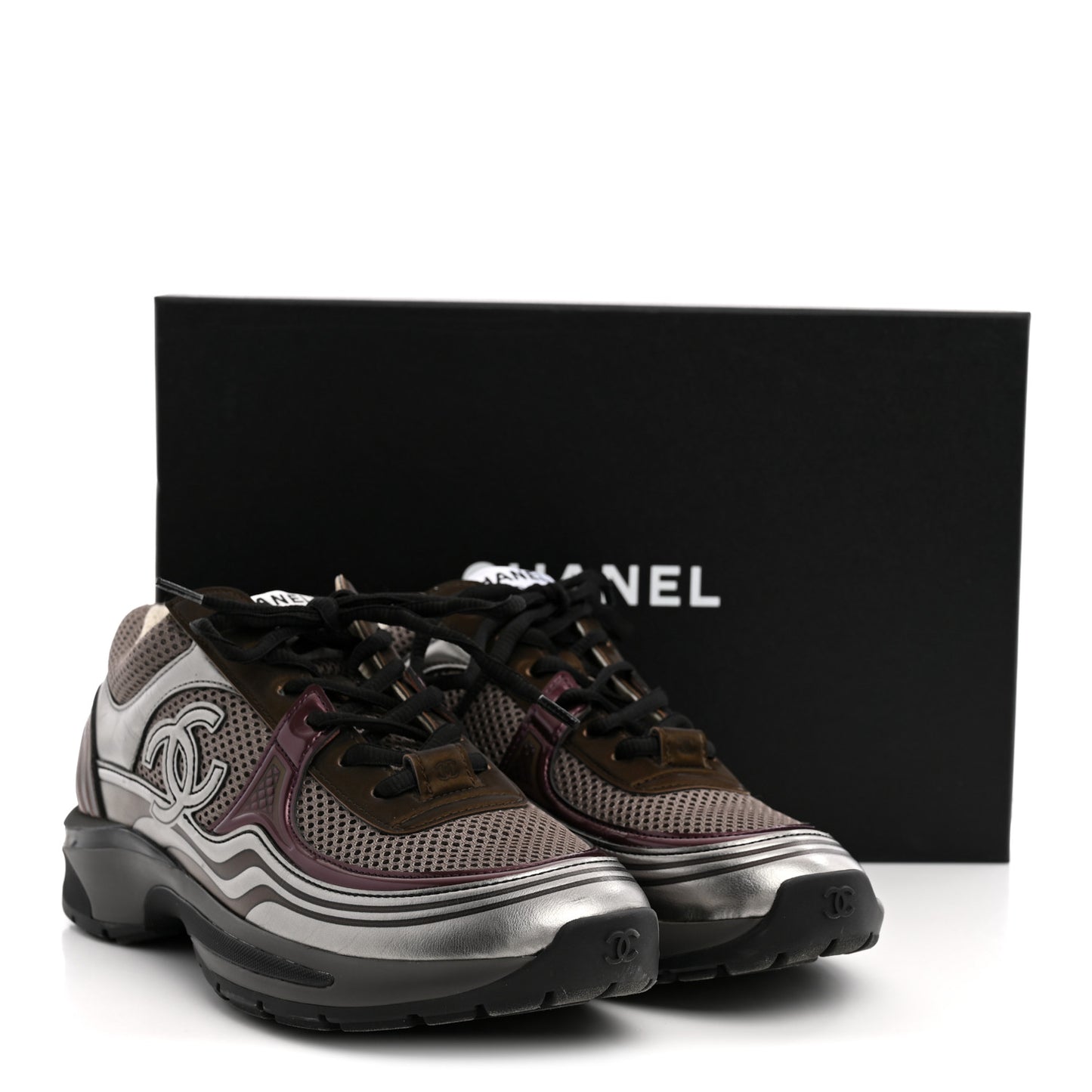Fabric Laminated Calfskin Stretch CC Womens Sneakers 37.5 Khaki Silver Dark Purple