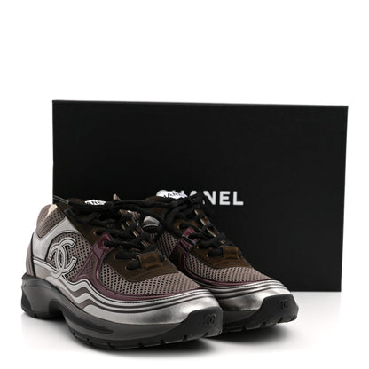Chanel Fabric Laminated Calfskin Stretch CC Womens Sneakers 37.5 Khaki Silver Dark Purple 11 of 11