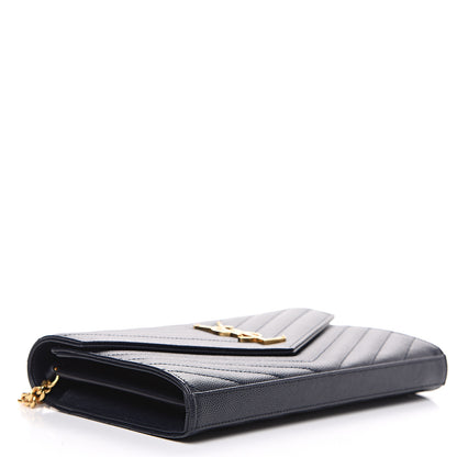 Saint Laurent Grain de Poudre Matelasse Chevron Medium Monogram Chain Wallet Navy 3 of 9