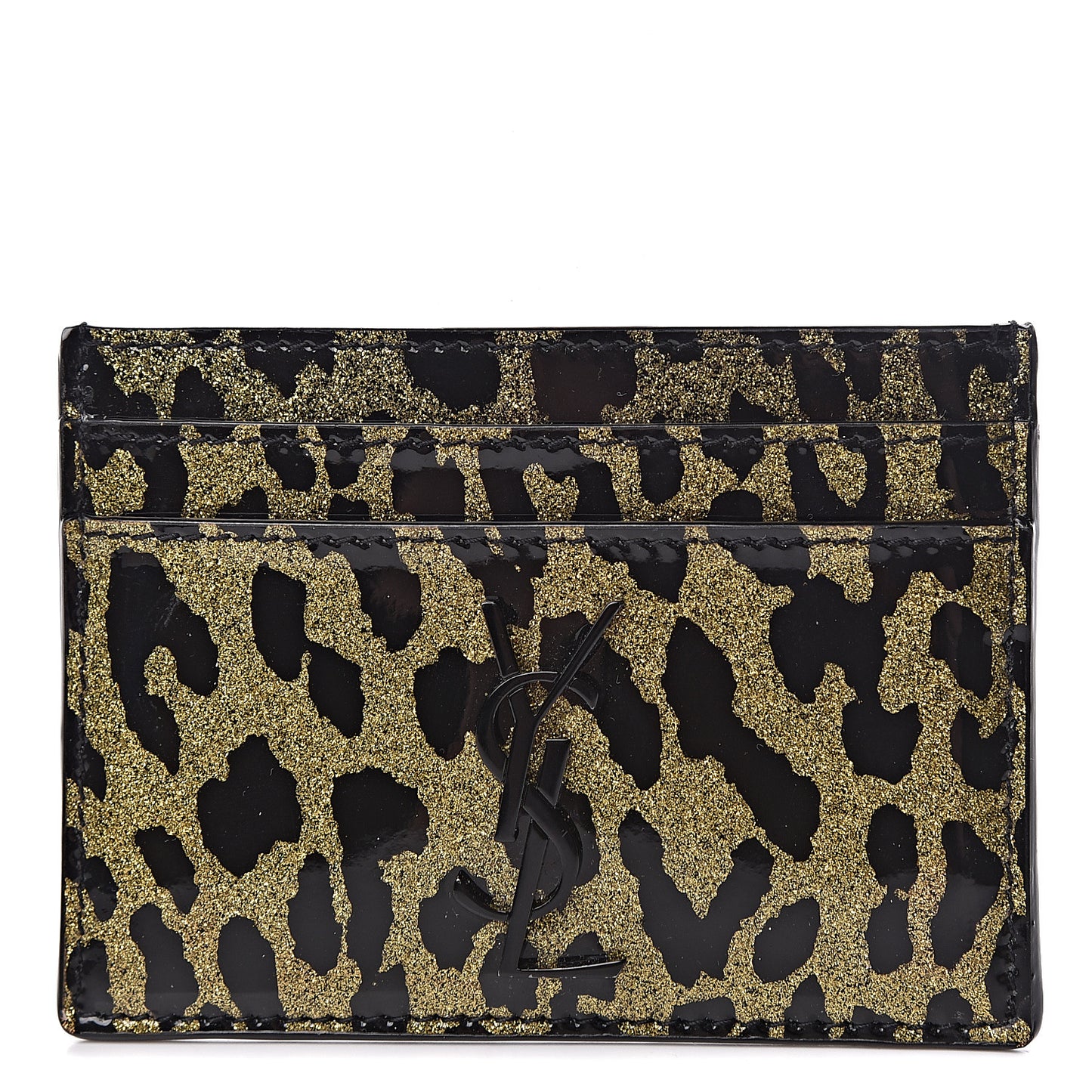 Patent Glitter Leopard Monogram Credit Card Case Black Multi