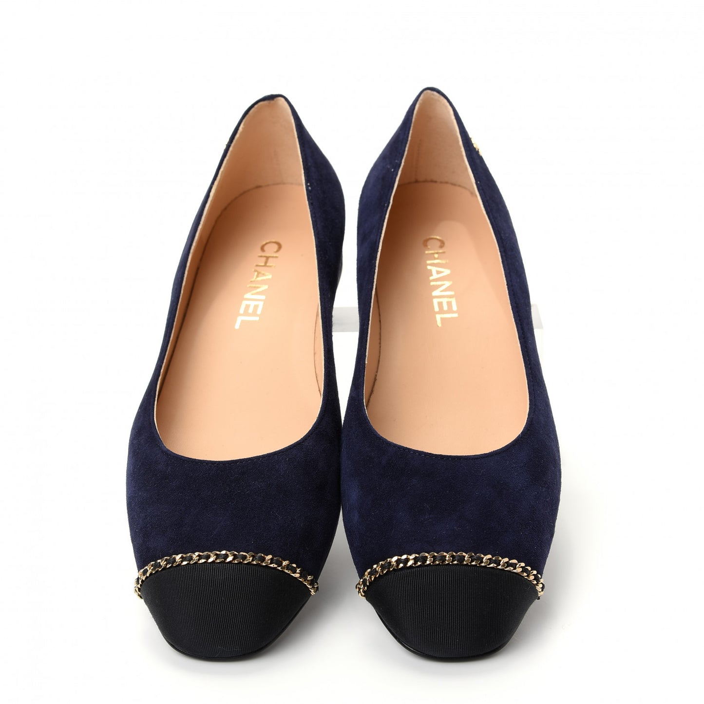 Suede Calfskin Grosgrain Cap Toe Chain Ballerina Flats 39.5 Navy Blue Black