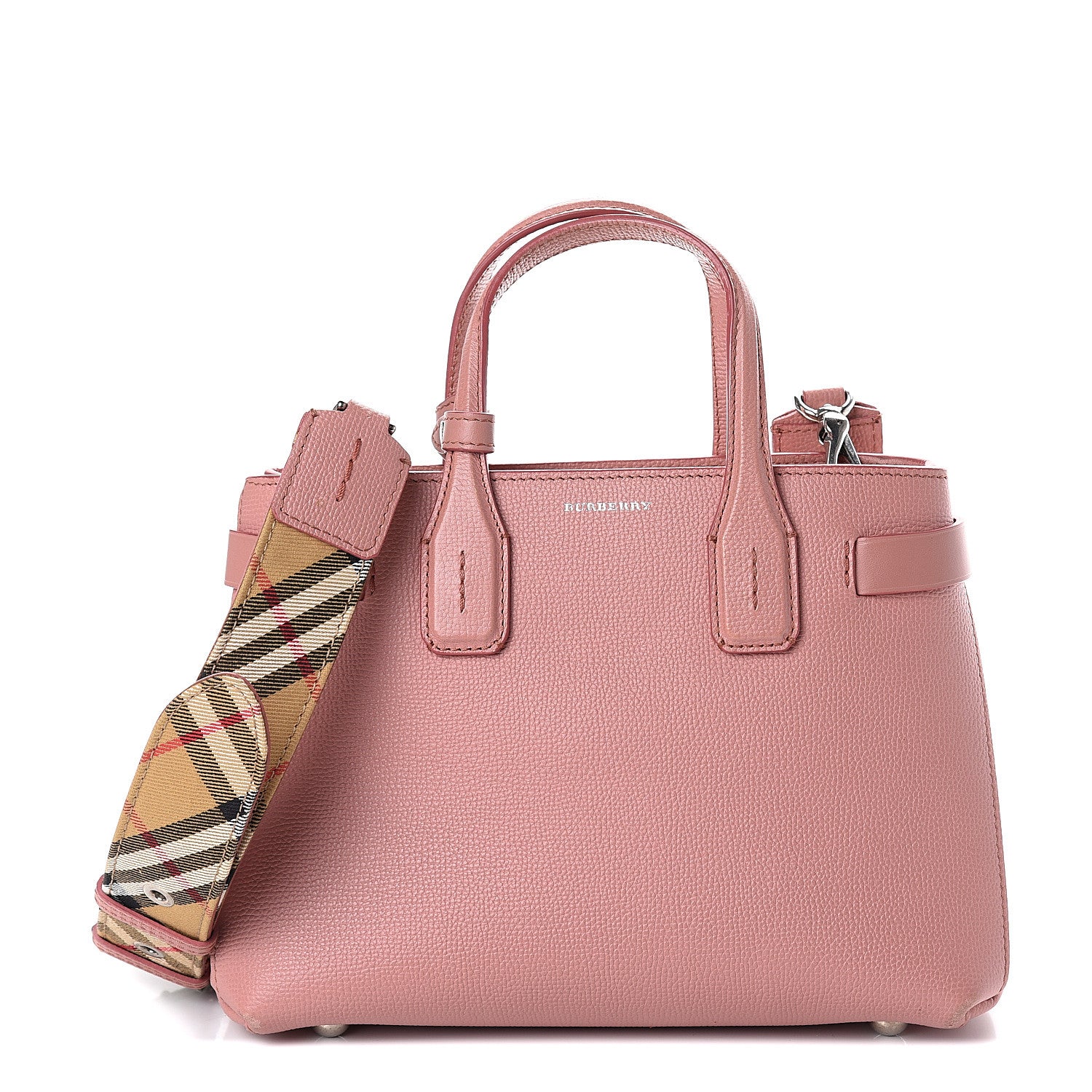 Burberry Grainy Calfskin House Check Small Banner Tote Dusty Rose