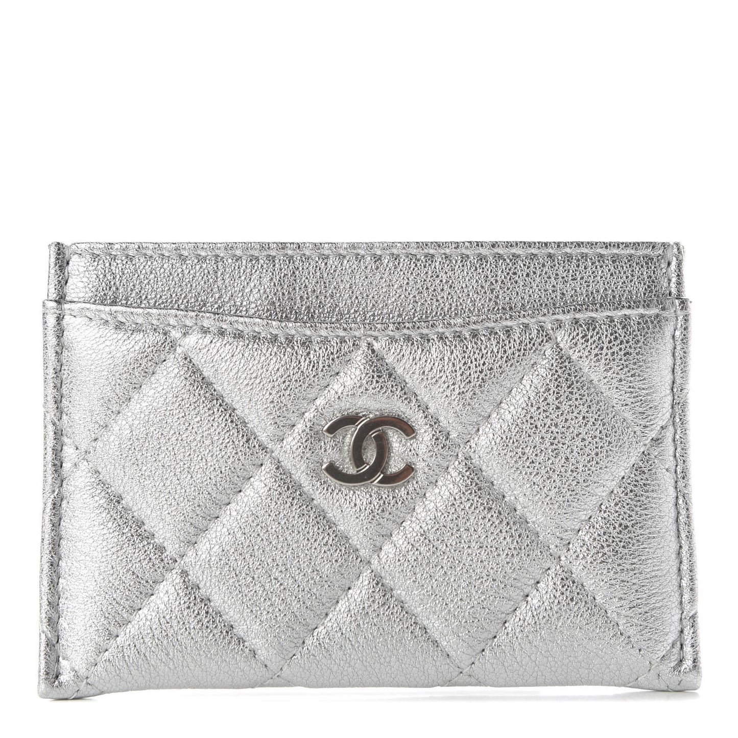 Metallic Lambskin Quilted Card Holder Silver
