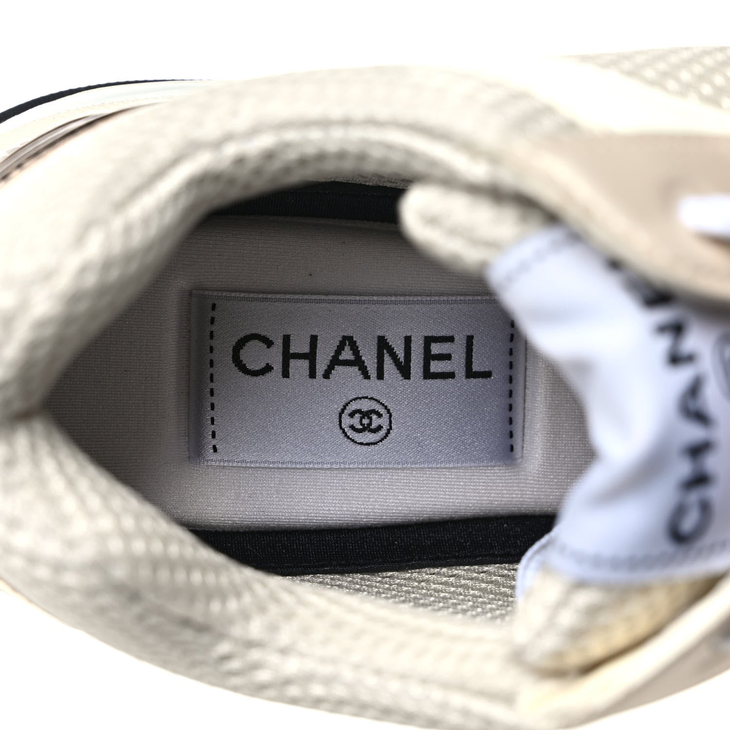 Chanel Fabric Laminated Calfskin Stretch CC Womens Sneakers 37 White Gold Silver 7 of 9