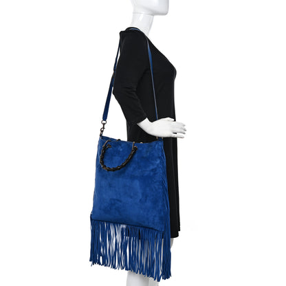 Gucci Suede Bamboo Fringe Small Shopper Tote Blue 2 of 12