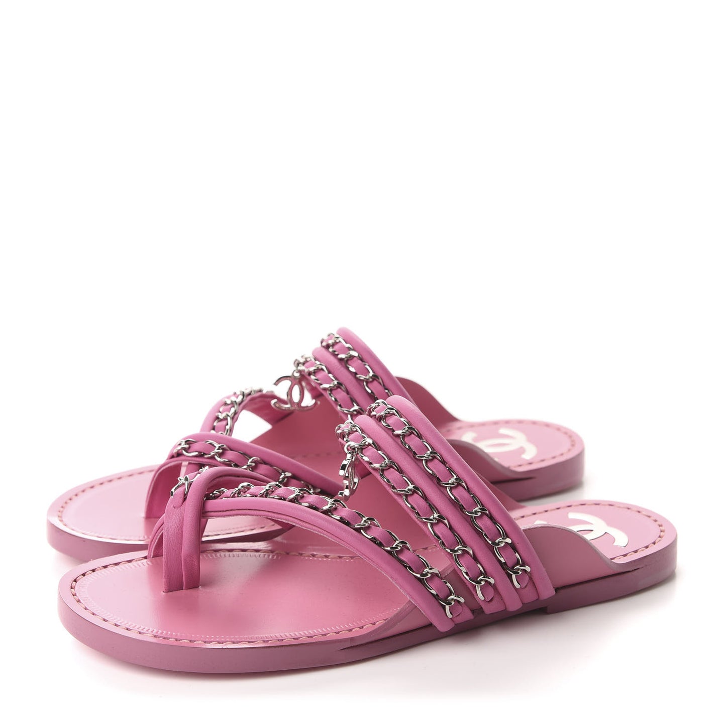 Calfskin Chain CC Thong Flat Sandals 35 Pink