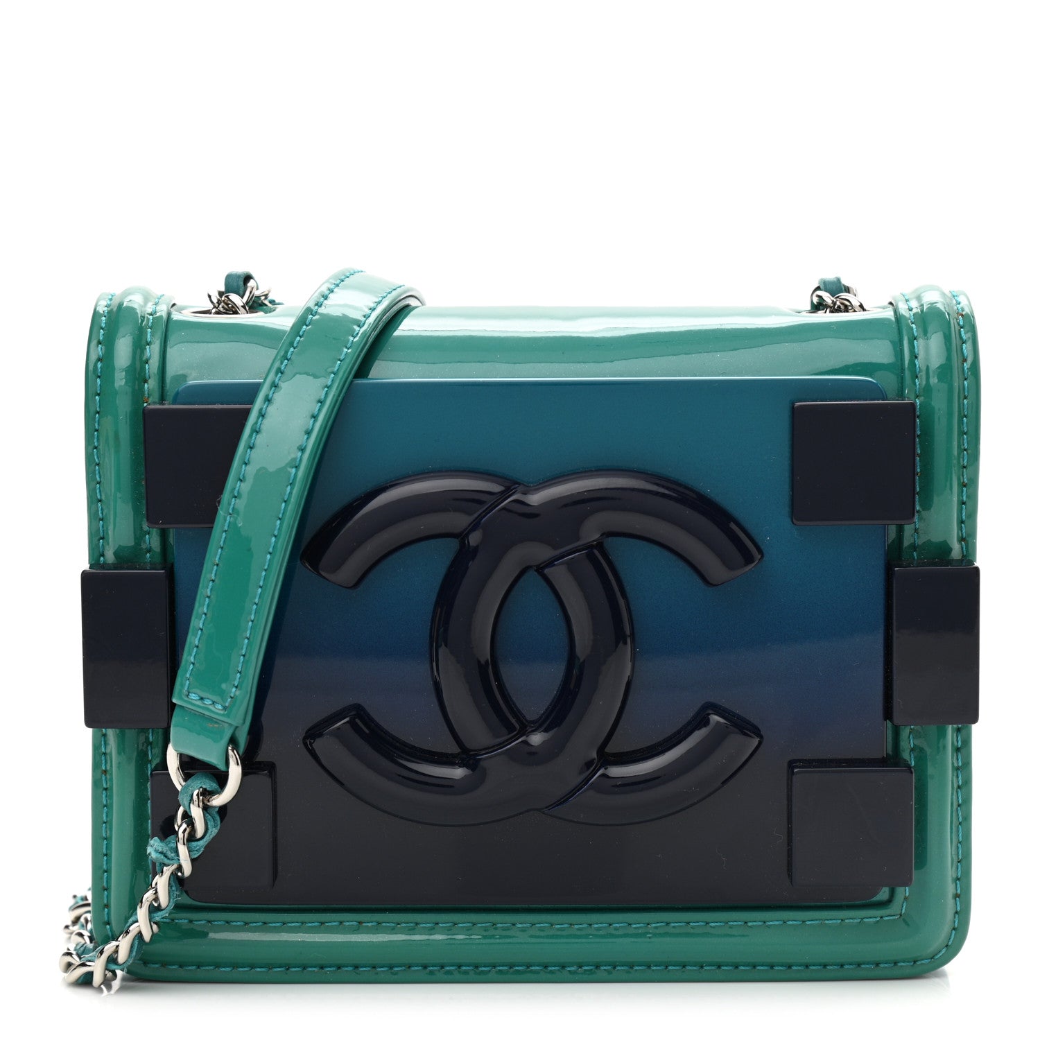 Chanel Plexiglass Patent Mini Boy Brick Flap Turquoise Navy 1 of 11