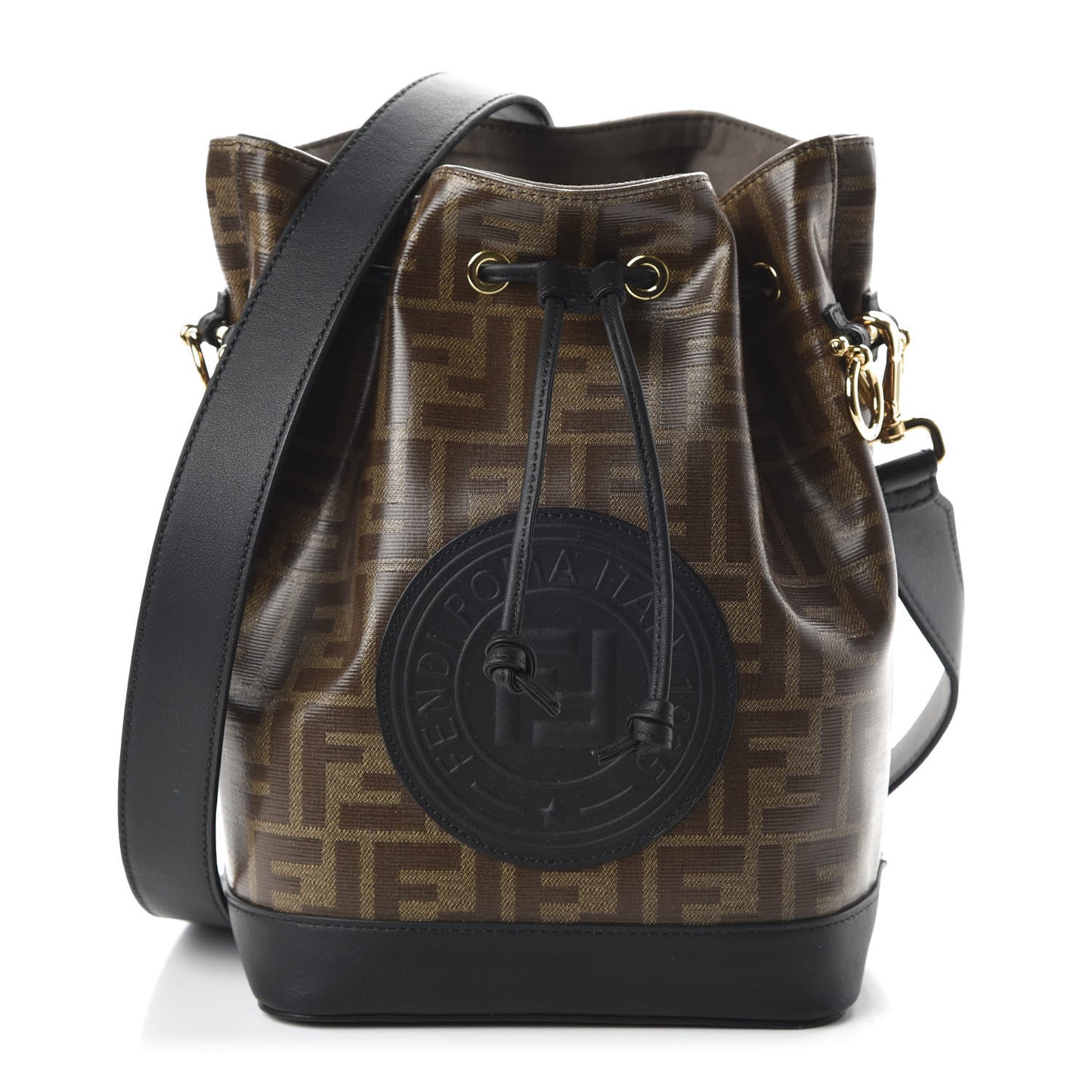 Glazed Fabric Vitello Grace F is Fendi FF 1974 Stamp Patch Grande Mon Tresor Bucket Bag Mogano Panna Black