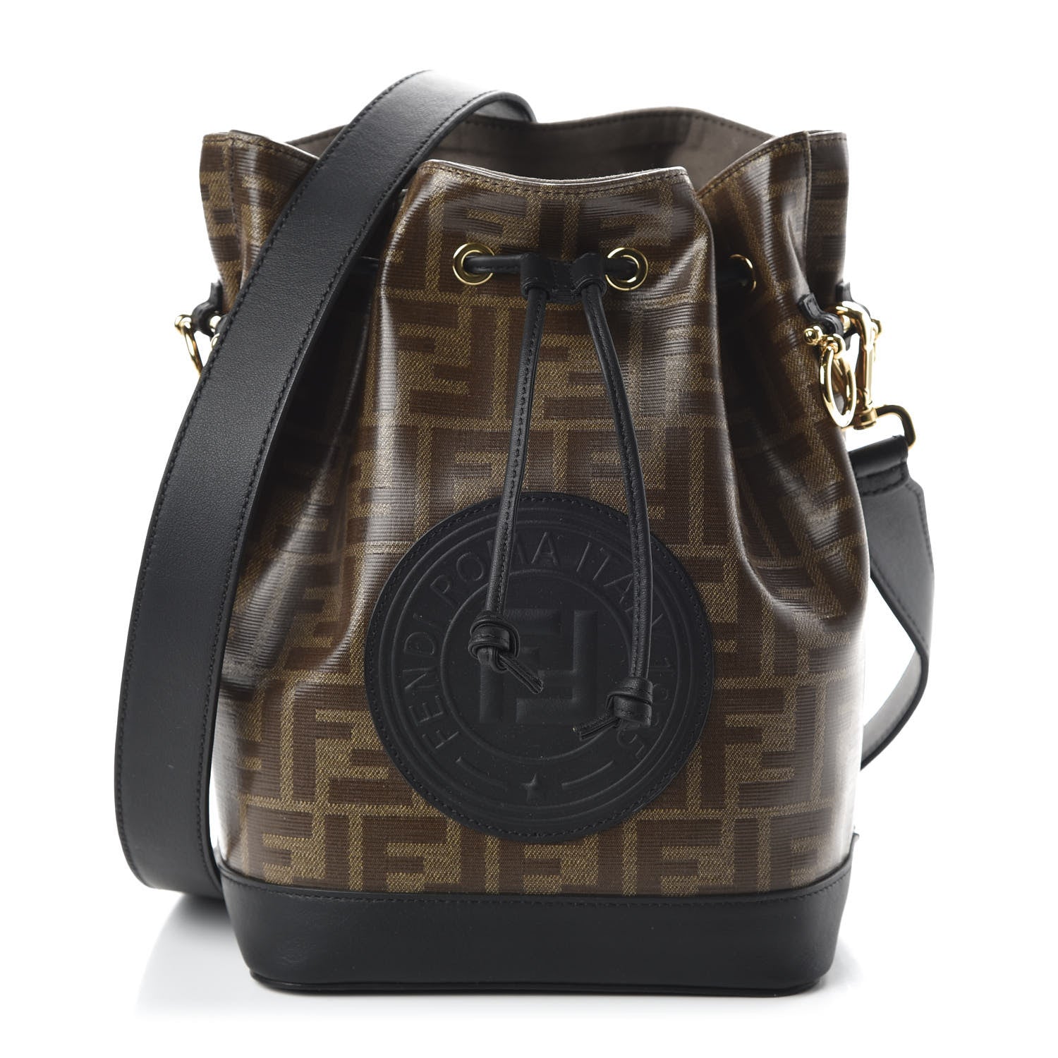 Fendi Glazed Fabric Vitello Grace F is Fendi FF 1974 Stamp Patch Grande Mon Tresor Bucket Bag Mogano Panna Black 1 of 8