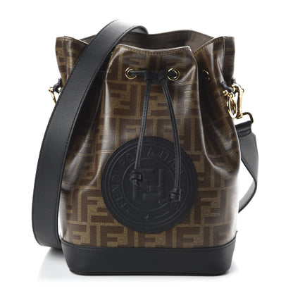 Fendi Glazed Fabric Vitello Grace F is Fendi FF 1974 Stamp Patch Grande Mon Tresor Bucket Bag Mogano Panna Black 1 of 8