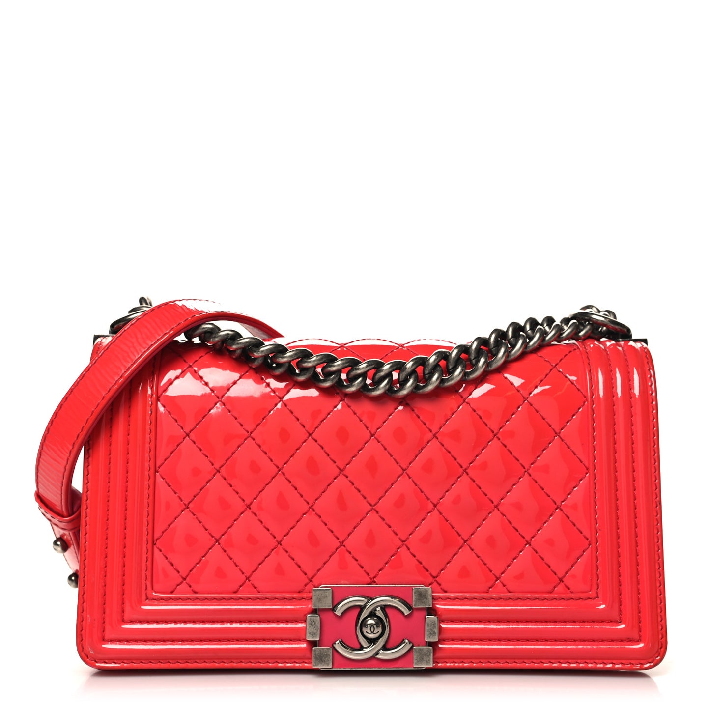 Patent Calfskin Enamel Quilted Medium Boy Flap Dark Pink