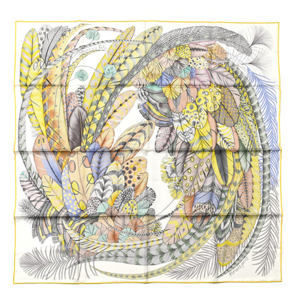 Hermes Silk Plumes En Fete Scarf 90 Blanc Jaune Mauve 1 of 4