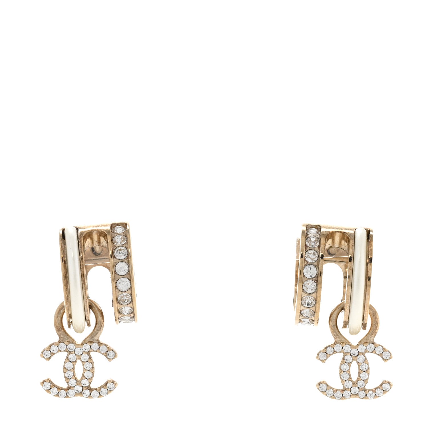 Chanel Crystal CC Hoop Drop Earrings Gold Pearly White 1 of 5