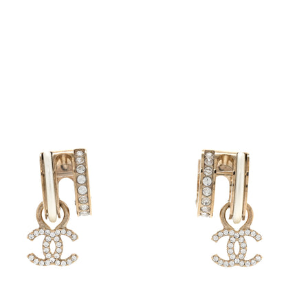 Chanel Crystal CC Hoop Drop Earrings Gold Pearly White 1 of 5