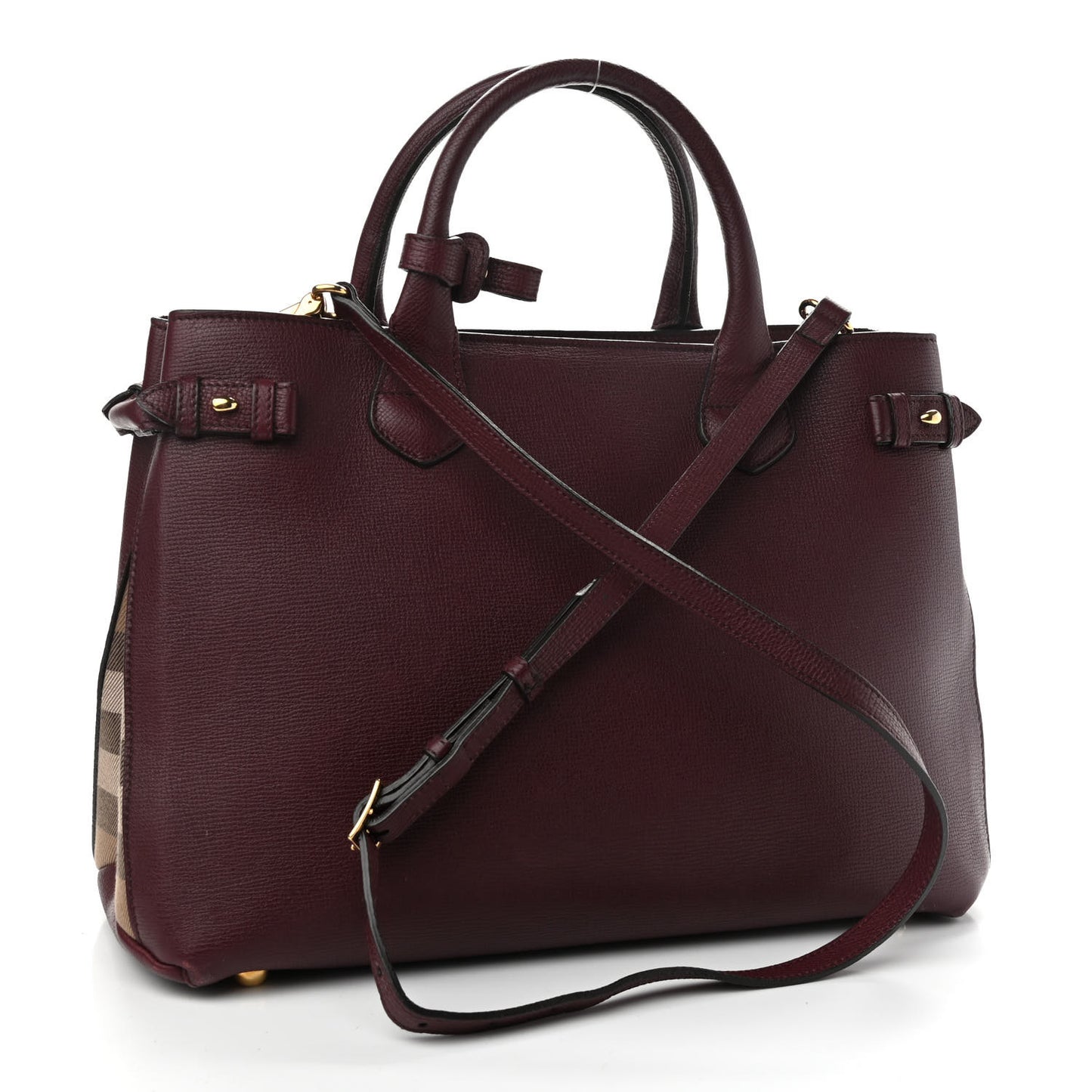 Grainy Calfskin House Check Medium Banner Tote Mahogany Red