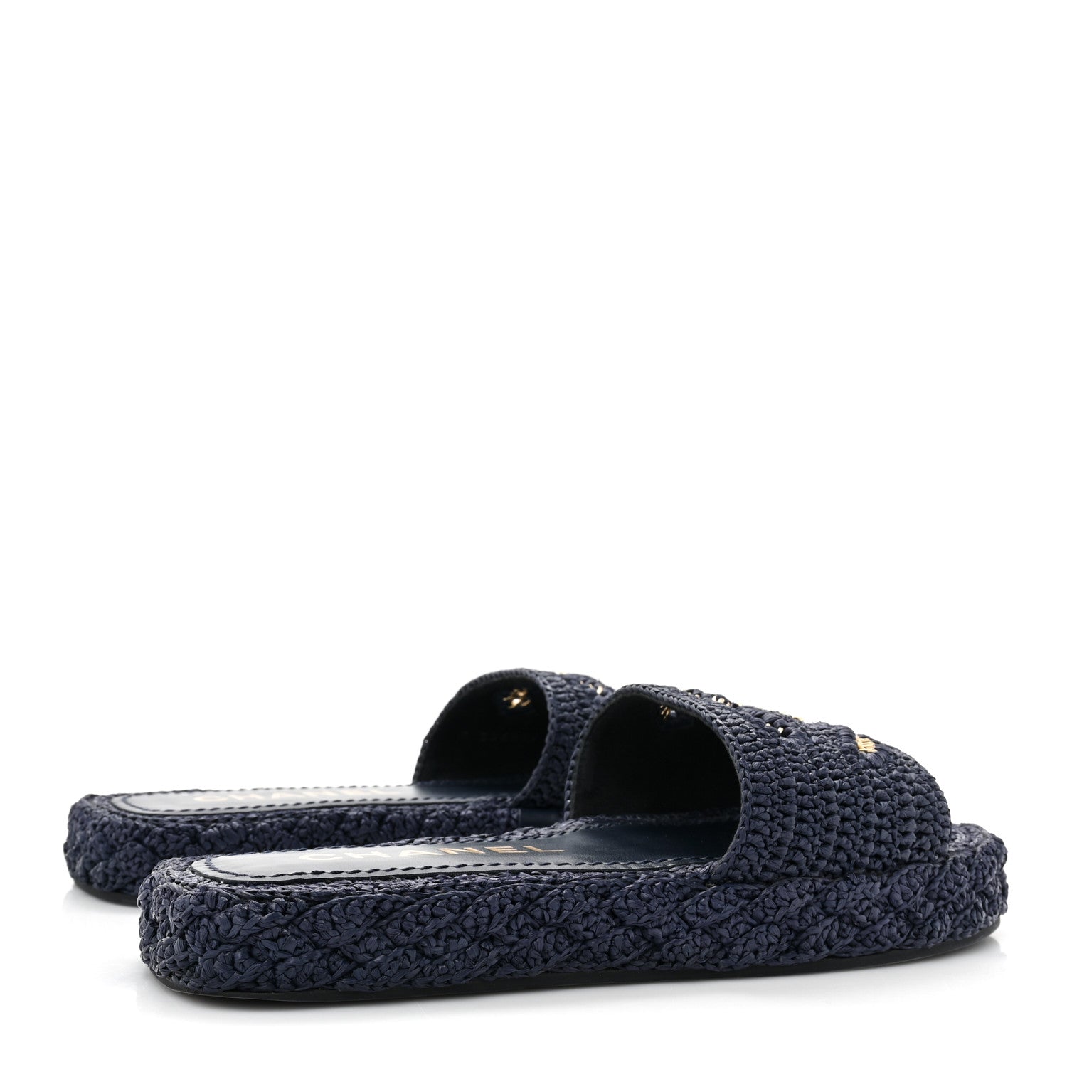 Chanel Braided Cord CC Espadrille Slip On Sandals 37 Navy Blue 4 of 9