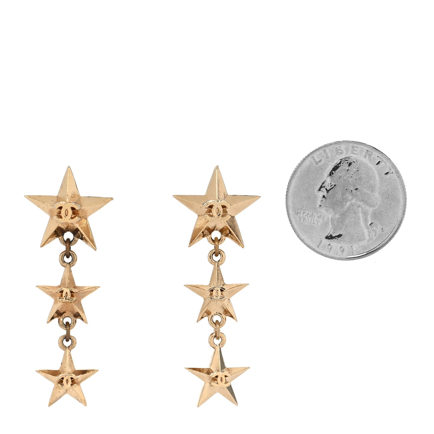 Metal CC Triple Star Drop Earrings Gold