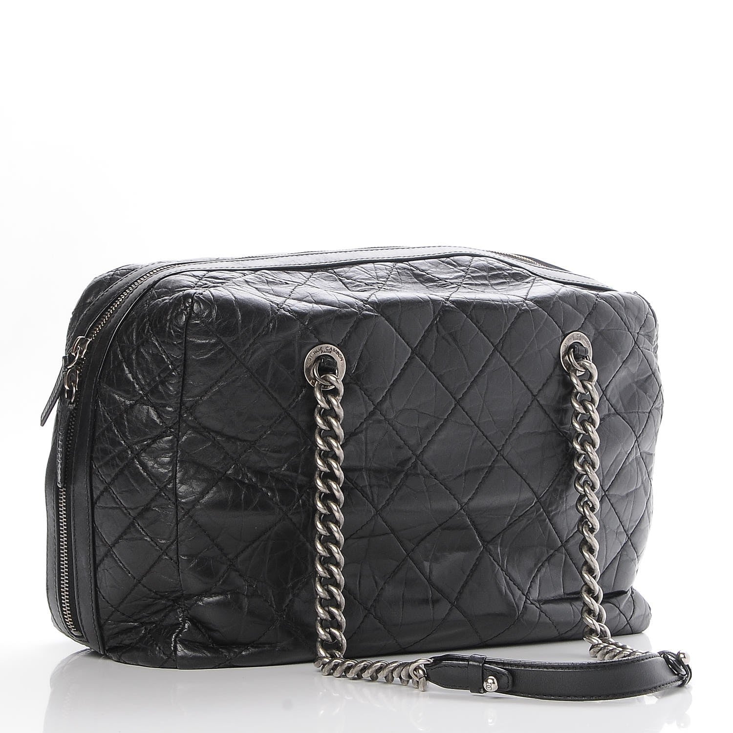 Chanel Aged Calfskin Quilted Large Secret Tag Bowling Bag Black 3 of 9