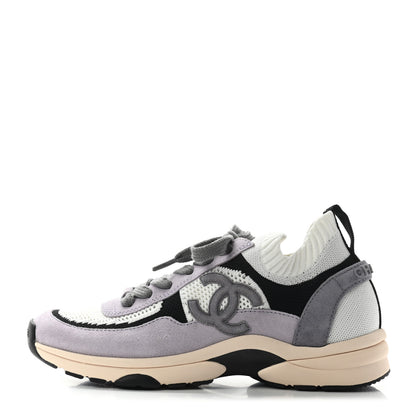 Chanel Mesh Suede Fabric Womens CC Sneakers 38 White Black Purple Dark Purple 1 of 7