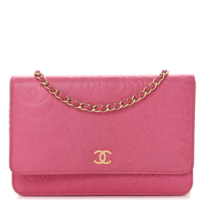 Chanel Lambskin Camellia Embossed Wallet on Chain WOC Pink 1 of 13