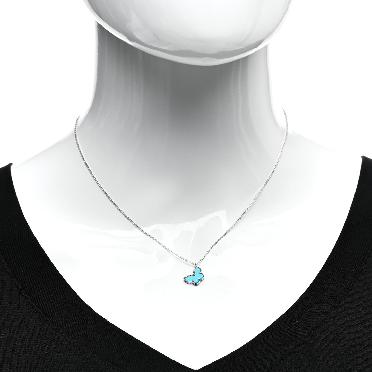 18K White Gold Turquoise Sweet Alhambra Butterfly Pendant Necklace