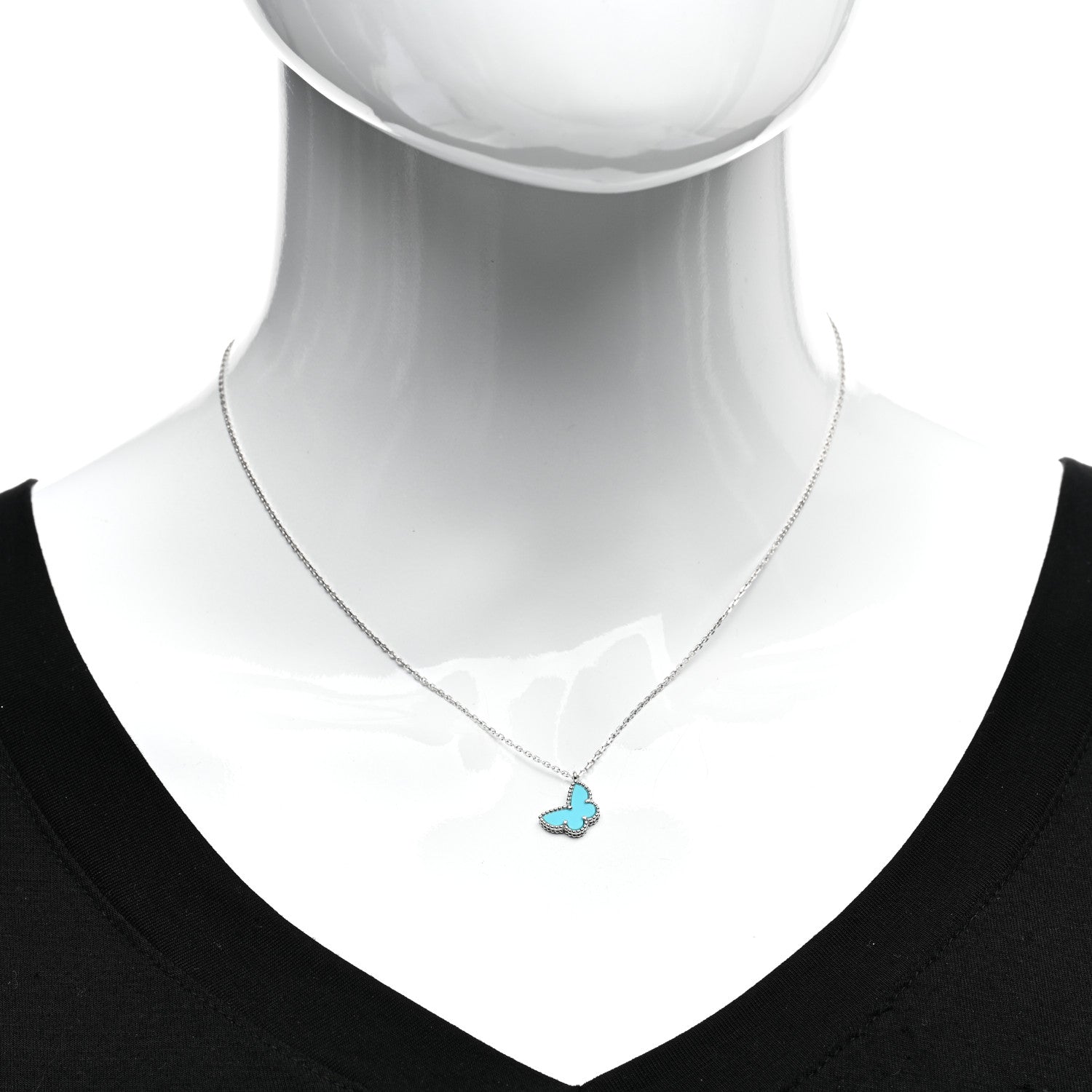 Van Cleef & Arpels 18K White Gold Turquoise Sweet Alhambra Butterfly Pendant Necklace 2 of 5