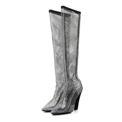 Saint Laurent Mesh Crystal 68 Knee High Boots 38.5 Pink Black 3 of 10