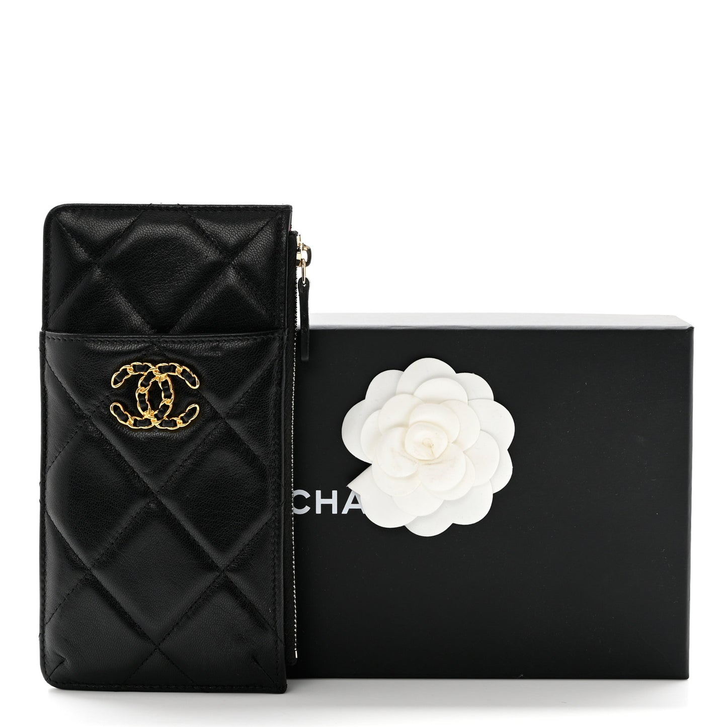 Lambskin Quilted Chanel 19 Phone and Card Holder Black