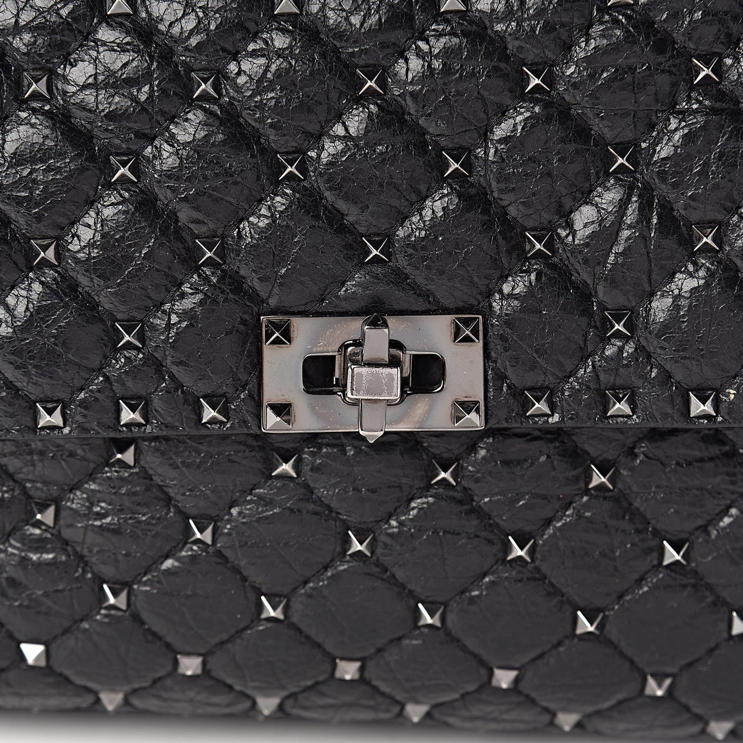 Craquele Nappa Large Rockstud Spike Shoulder Bag Black