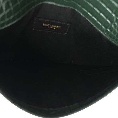 Saint Laurent Calfskin Crocodile Embossed Uptown Monogram Clutch Dark Green 5 of 7
