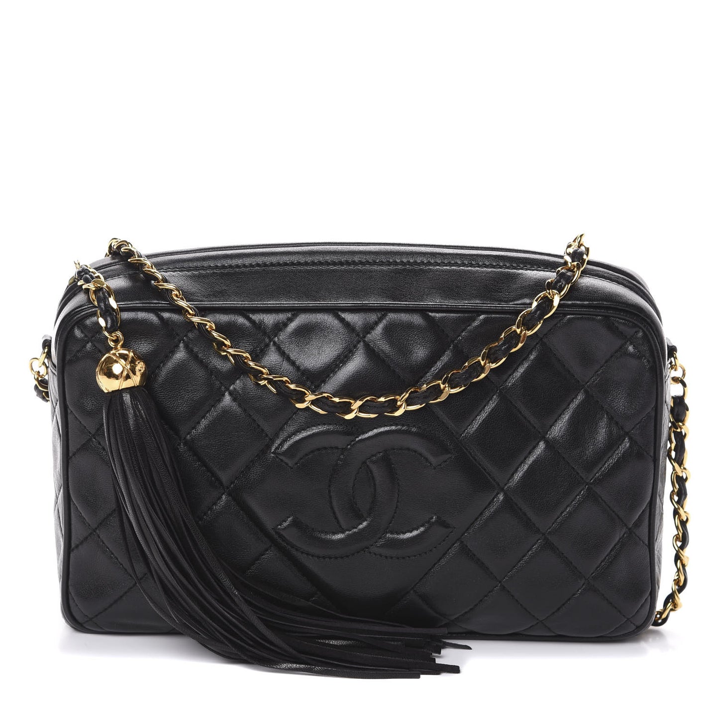 Lambskin Quilted Tassel Camera Case Black