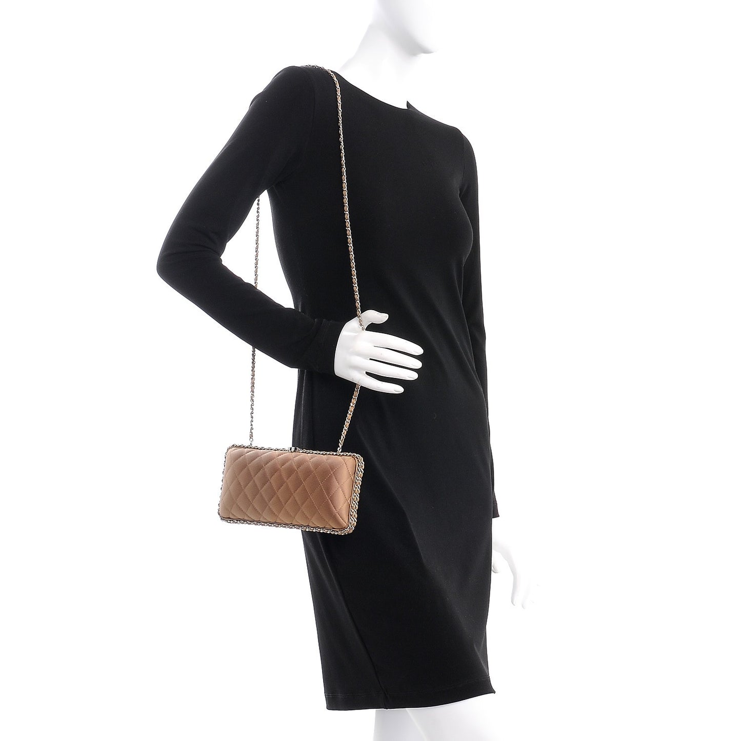 Satin Quilted Chain Around Clutch Beige