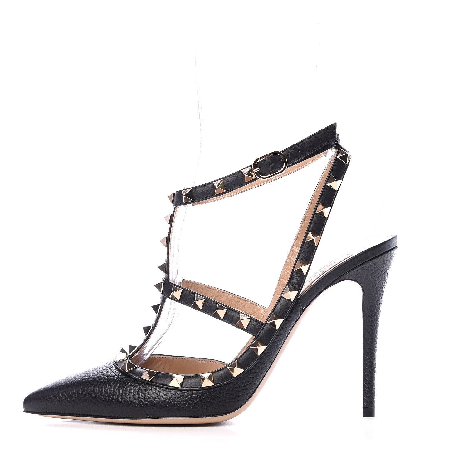 Valentino Garavani Pebbled Calfskin Rockstud Ankle Strap Pumps 40 Black 1 of 9