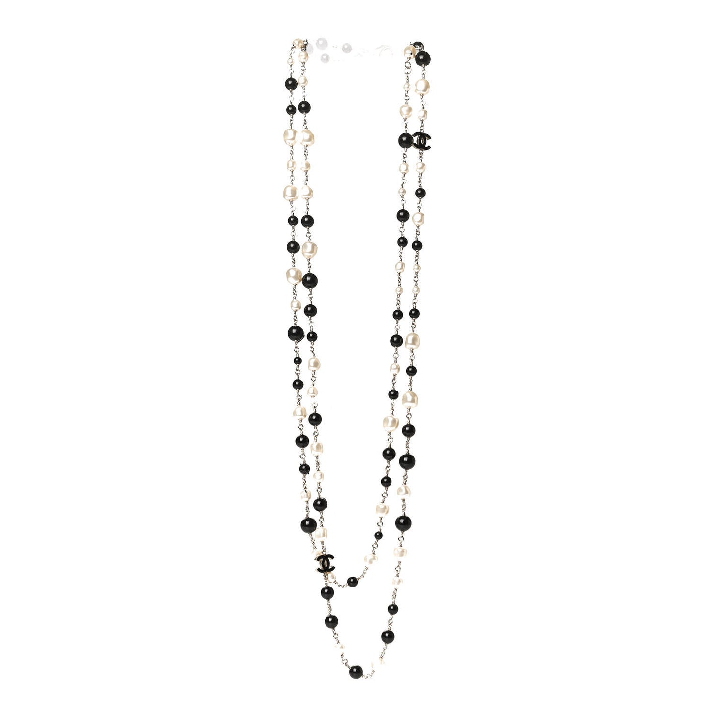 Pearl Bead Enamel CC Long Necklace Black Light Gold