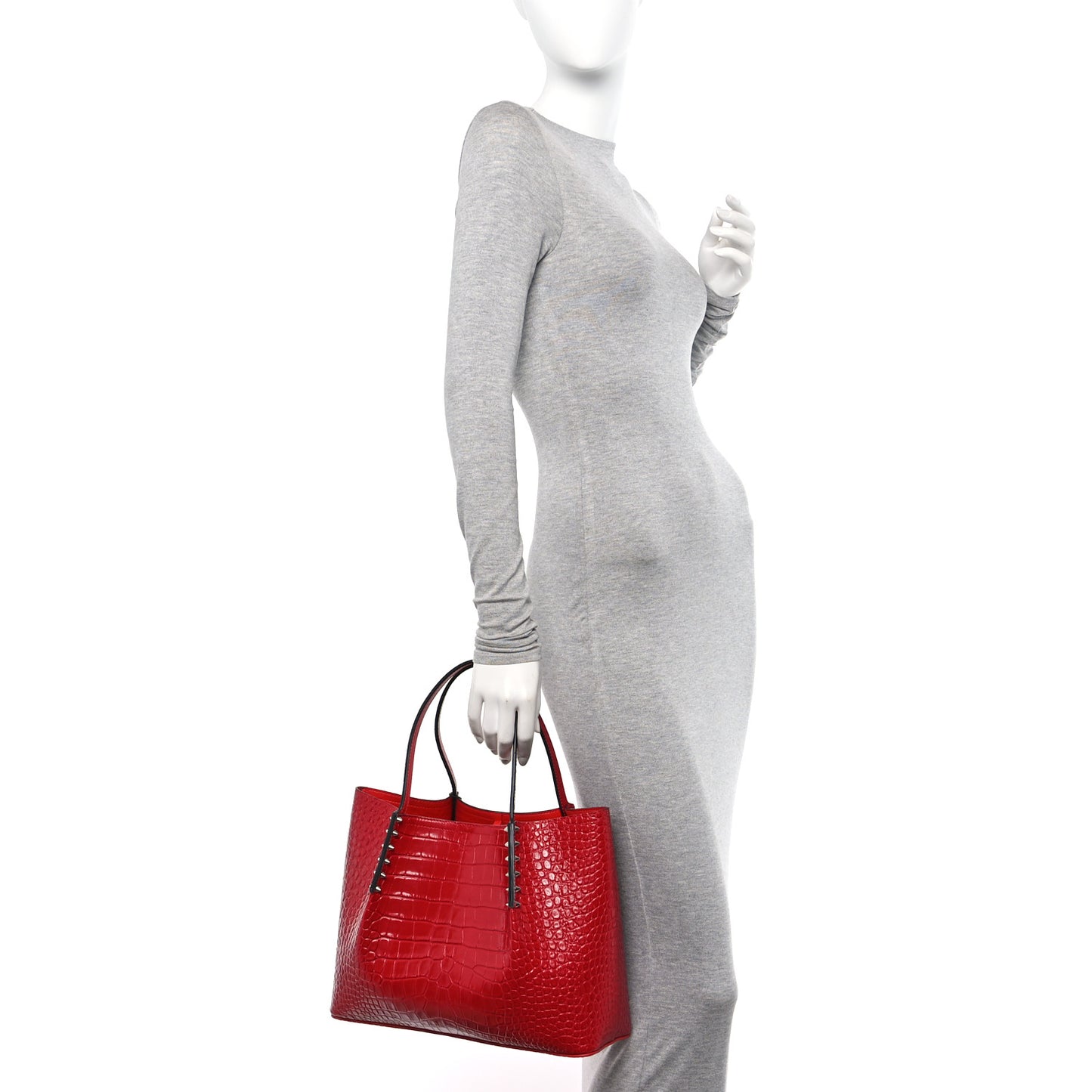 Crocodile Embossed Calfskin Spiked Small Cabarock Shopper Tote Red