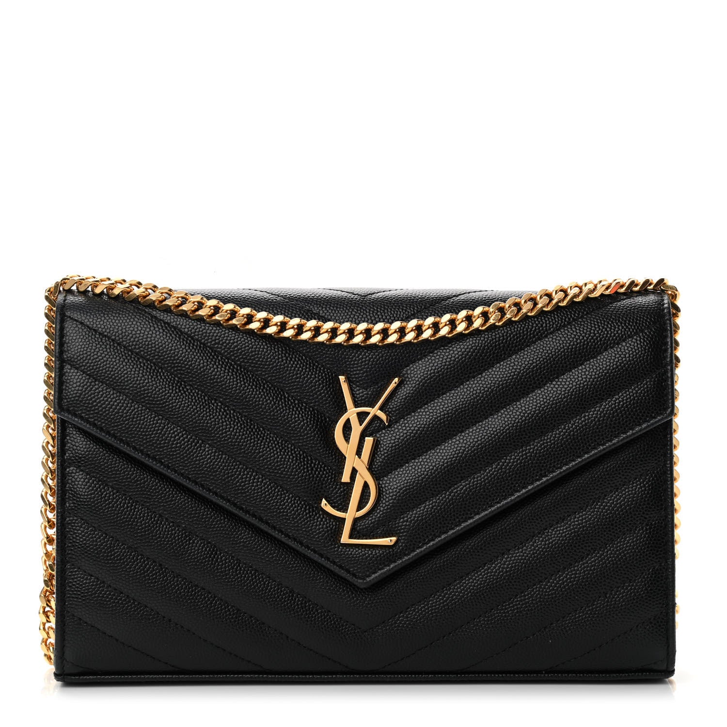 Saint Laurent Grain De Poudre Matelasse Chevron Monogram Chain Wallet Black 1 of 13