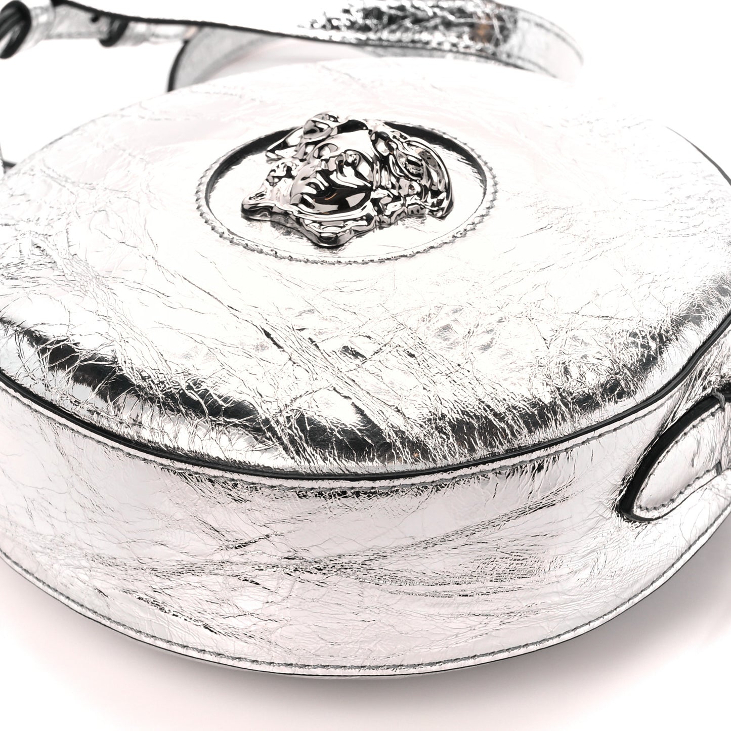Metallic Crackled Lambskin La Medusa Disco Round Crossbody Silver