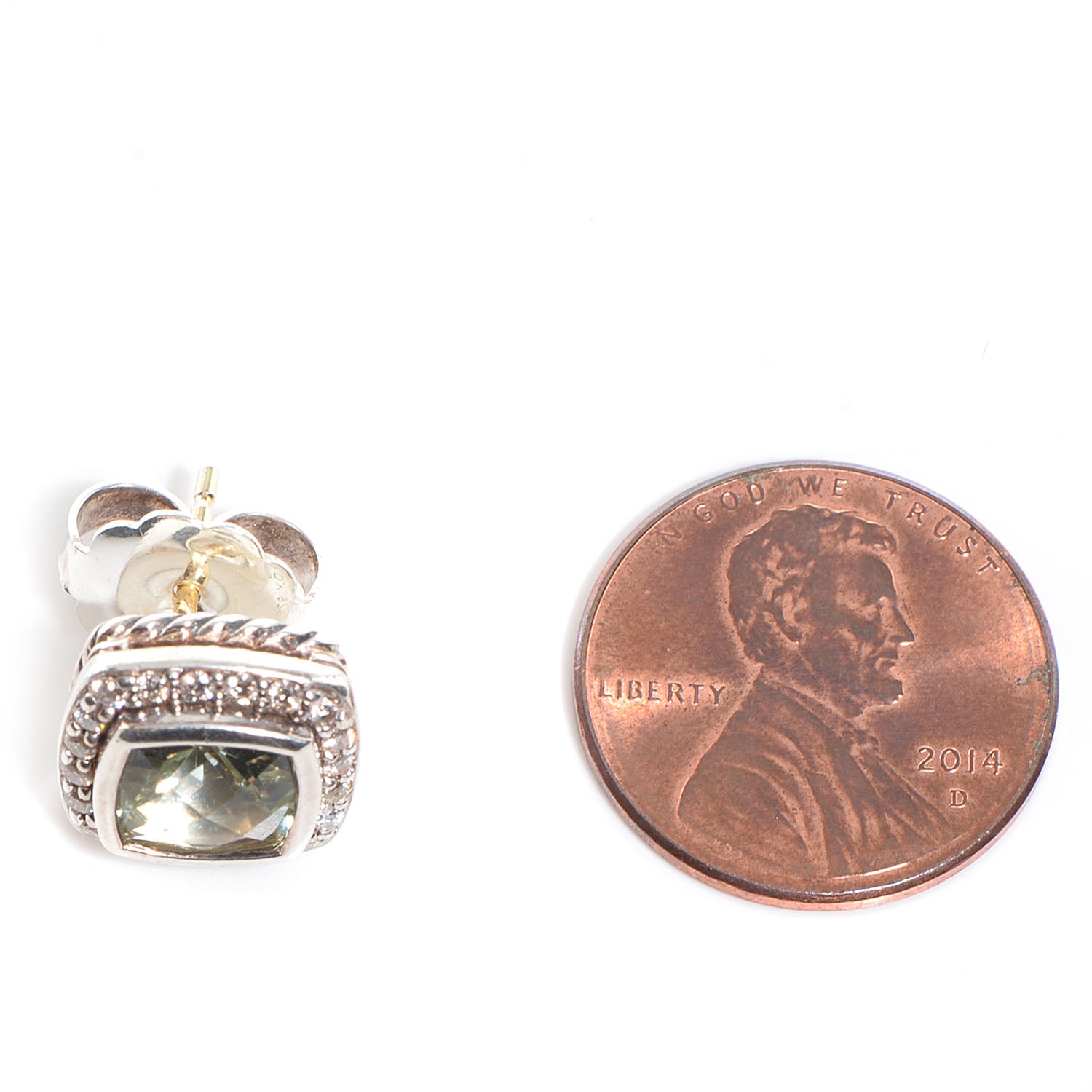 David Yurman Sterling Silver Diamond Prasiolite 7mm Petite Albion Earrings 2 of 6