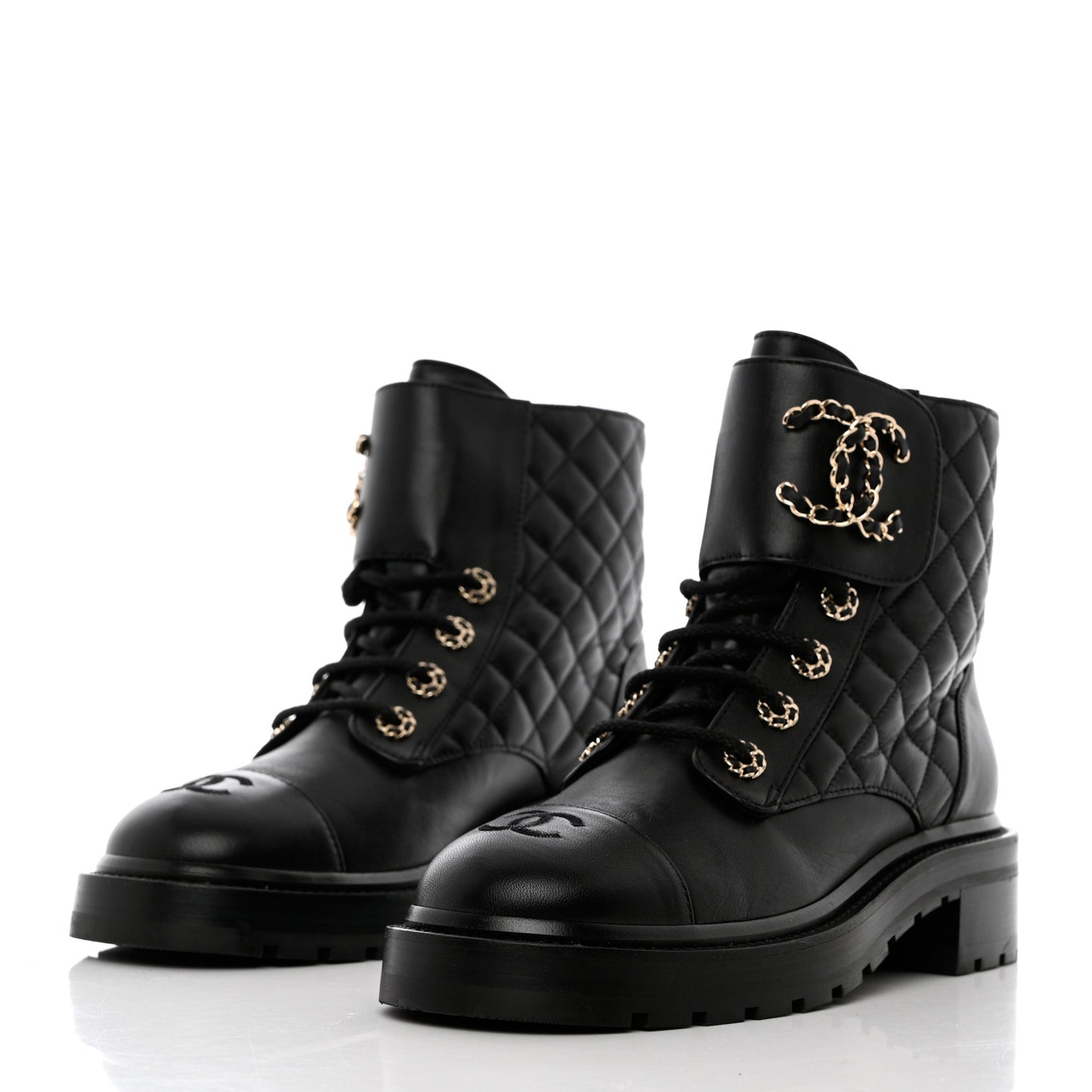 Shiny Lambskin Quilted Lace Up Combat Boots 38.5 Black