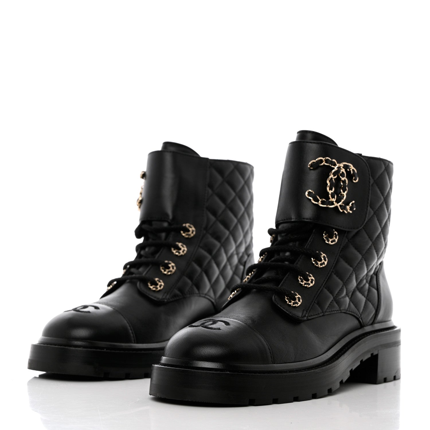 Chanel Shiny Lambskin Quilted Lace Up Combat Boots 38.5 Black 3 of 12